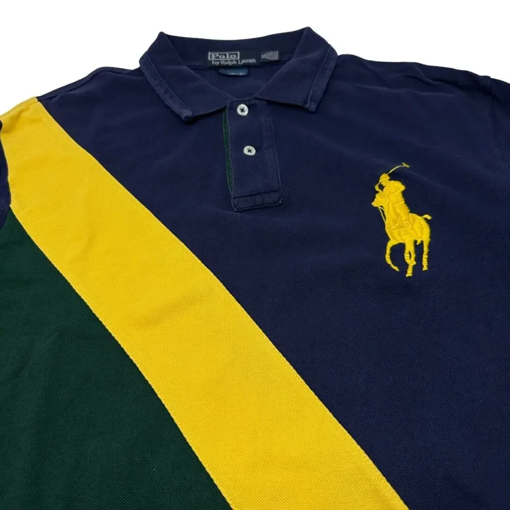 RALPH LAUREN Classic Fit‎ Navy Green Yellow Stripe Big Pony Yellow Pony Rugby XL